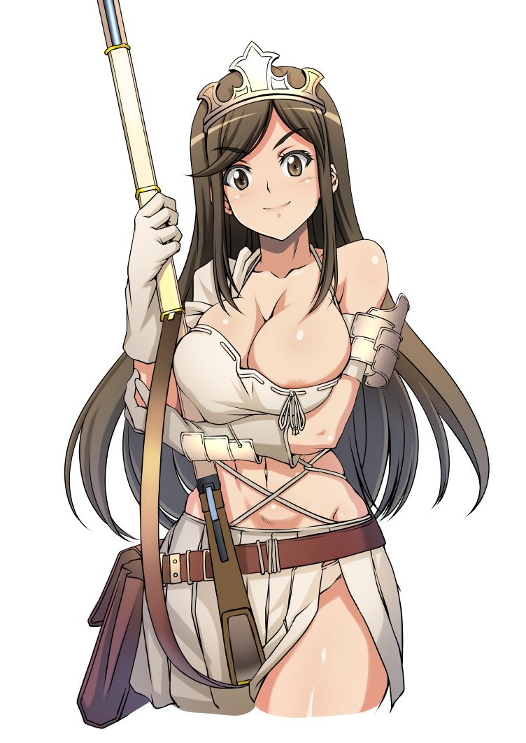 &gt;:) aisha_(ash) archaic_sealed_heat areolae armor ash_(game) bangs belt breast_hold breasts brown_eyes brown_hair bustier cowboy_shot eyebrows_visible_through_hair gloves halter_top halterneck hand_on_own_arm holding_arm large_breasts long_hair looking_at_viewer midriff miniskirt navel ribbon_trim shunzou side_slit single_bare_shoulder skirt solo swept_bangs tiara v-shaped_eyebrows weapon white_background white_gloves white_skirt