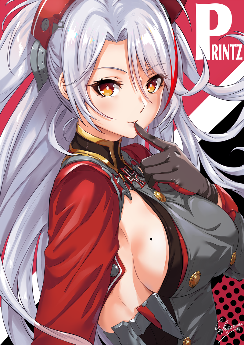 azur_lane blush breasts character_name commentary_request engrish eyebrows_visible_through_hair eyes_visible_through_hair finger_to_mouth gloves hair_between_eyes headgear large_breasts long_hair long_sleeves looking_at_viewer mole mole_on_breast multicolored_hair parted_lips prinz_eugen_(azur_lane) ranguage red_hair sakiyamama sideboob signature silver_hair smile solo two-tone_hair upper_body yellow_eyes