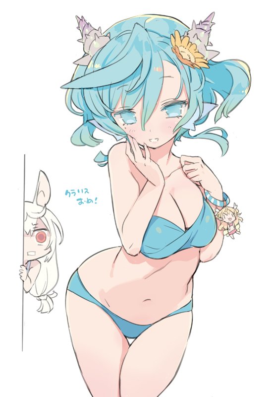 animal_ears aqua_eyes aqua_hair bikini blade_(galaxist) breasts bunny_ears character_doll clarice_umbra cleavage commentary_request erika_oldenburg flower hair_flower hair_ornament head_fins kirara_ookami large_breasts long_hair looking_at_viewer low-tied_long_hair mole mole_under_eye multiple_girls navel open_mouth peeking peeking_out pop-up_story red_eyes shell_hair_ornament short_hair siren_(mythology) surprised swimsuit white_background white_hair