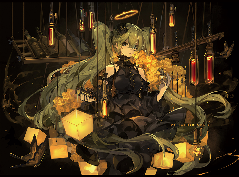 black_dress bottle bug butterfly dress flower green_eyes green_hair halo hatsune_miku insect light_bulb long_hair looking_at_viewer saberiii solo twintails very_long_hair vocaloid wine_bottle