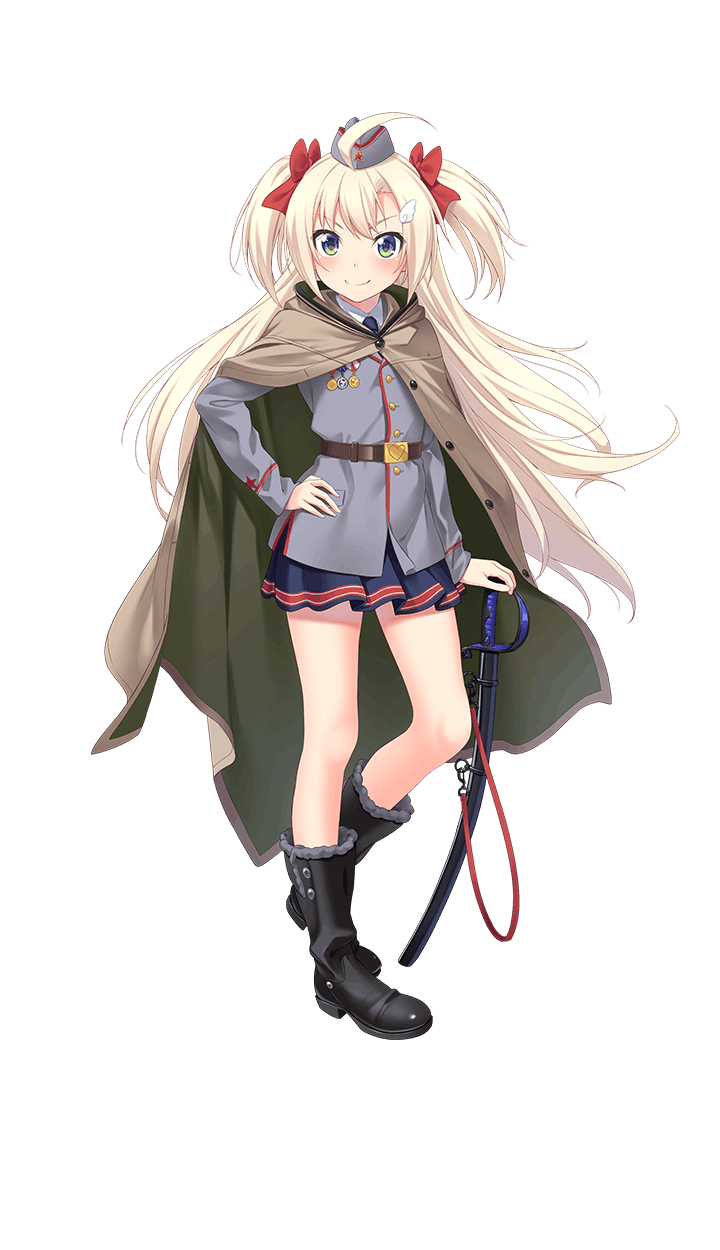 ahoge black_footwear blonde_hair blue_eyes blue_skirt boots cape crop_top formation_girls full_body hair_ribbon hand_on_hip highres long_hair looking_at_viewer military military_uniform olga_hodrewa pleated_skirt red_ribbon ribbon sheath sheathed skirt smile solo standing sword tenkuu_nozora transparent_background twintails uniform very_long_hair weapon