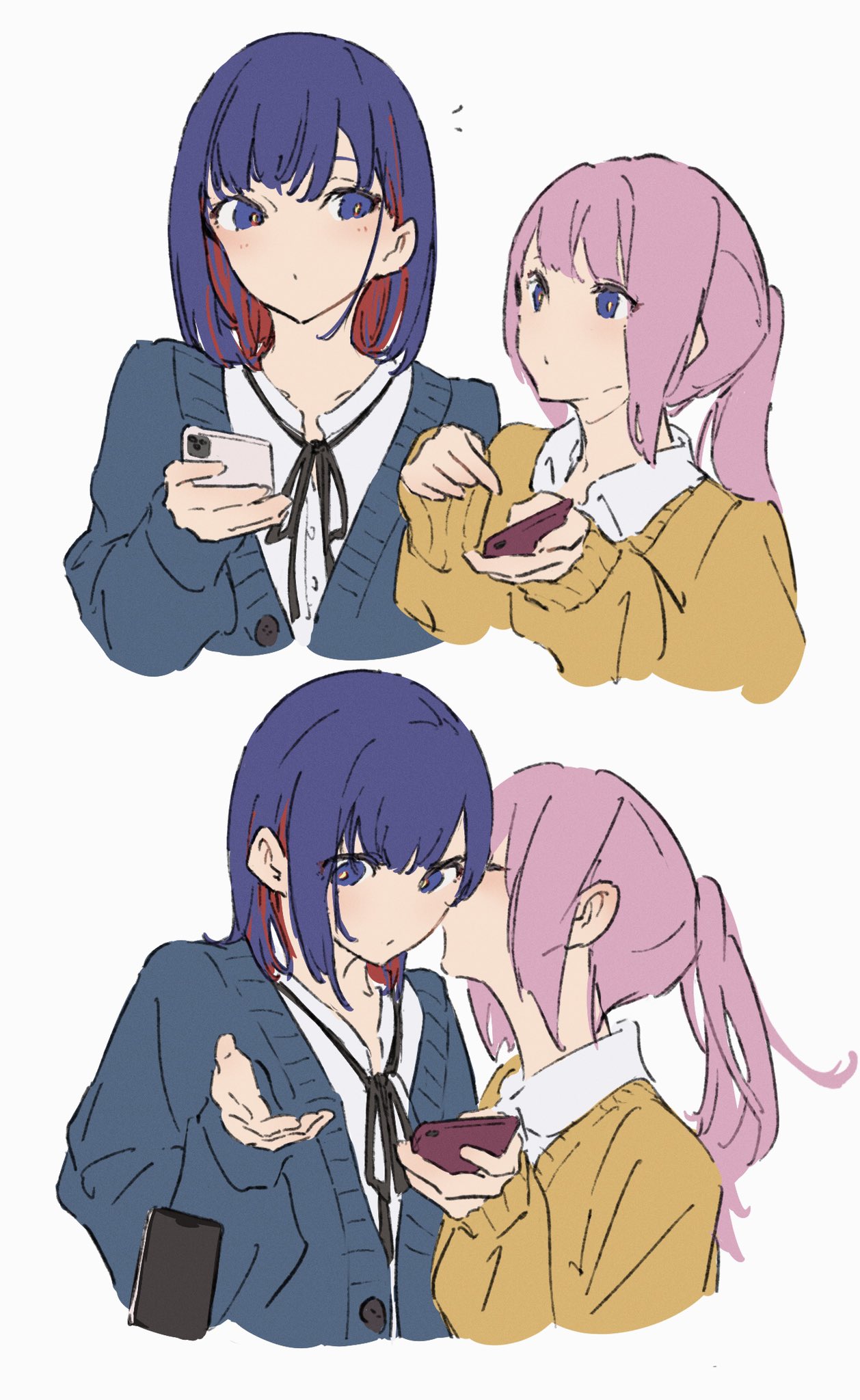 2girls atenaba black_ribbon blue_cardigan blue_hair blush cardigan cellphone closed_mouth collared_shirt colored_inner_hair dropping highres holding holding_phone kaf_(kamitsubaki_studio) kamitsubaki_studio kiss kissing_cheek medium_hair multicolored_hair multiple_girls neck_ribbon phone pink_hair ponytail red_hair ribbon rim_(kamitsubaki_studio) shirt simple_background smartphone sweater upper_body white_background white_shirt yellow_eyes yellow_sweater