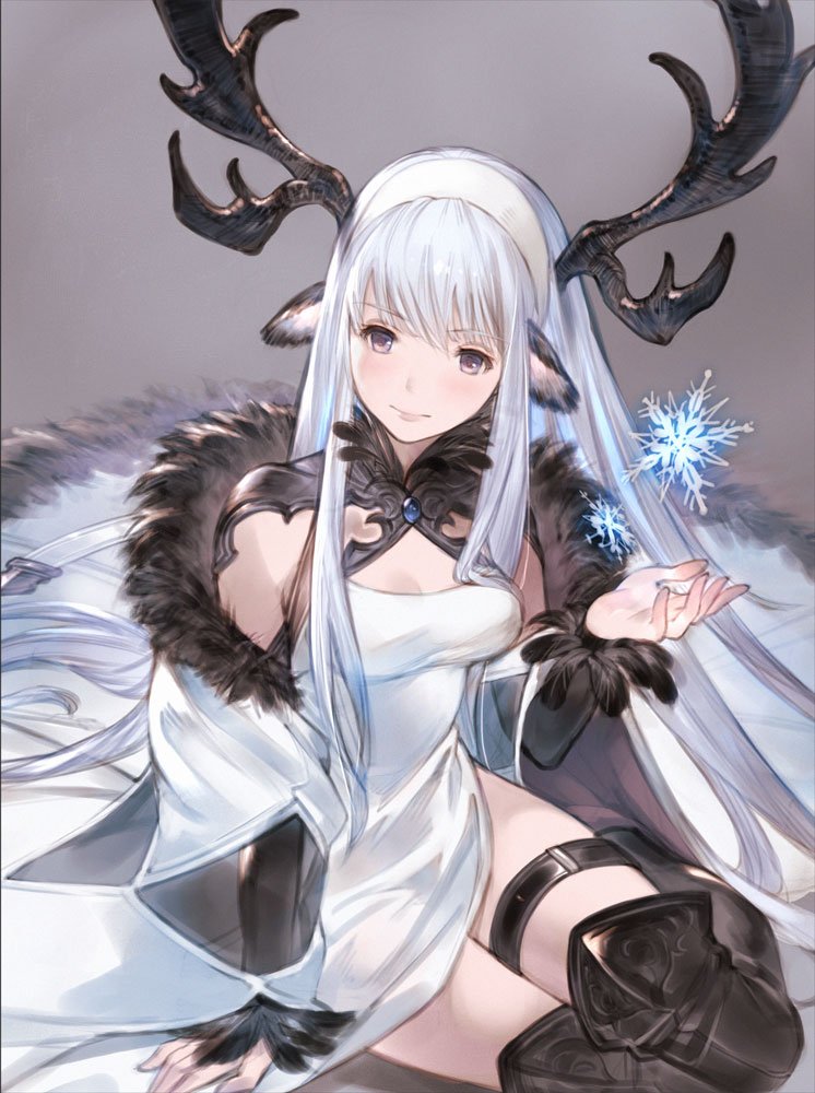 animal_ears antlers arm_at_side arm_support armor armored_boots bangs black_footwear boots breasts cloak closed_mouth detached_sleeves dress feathers fur_trim grey_background hairband halter_dress halterneck hand_up long_hair looking_at_viewer medium_breasts open_hand original side_slit silver_eyes simple_background sitting snowflakes straight_hair taroji thigh_strap thighhighs very_long_hair white_cloak white_dress white_hair yokozuwari