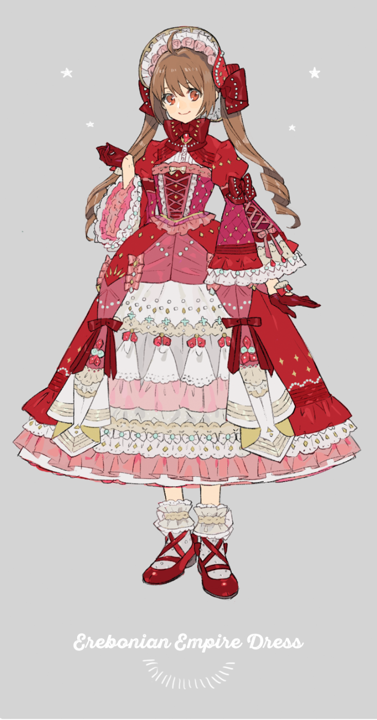 ahoge alternate_costume alternate_hairstyle bad_id bad_twitter_id bangs bonnet bow brown_hair dress eiyuu_densetsu estelle_bright frilled_dress frilled_sleeves frills gloves highres lolita_fashion long_hair looking_at_viewer mary_janes nishihara_isao red_eyes red_gloves ribbon shoes smile solo sora_no_kiseki twintails