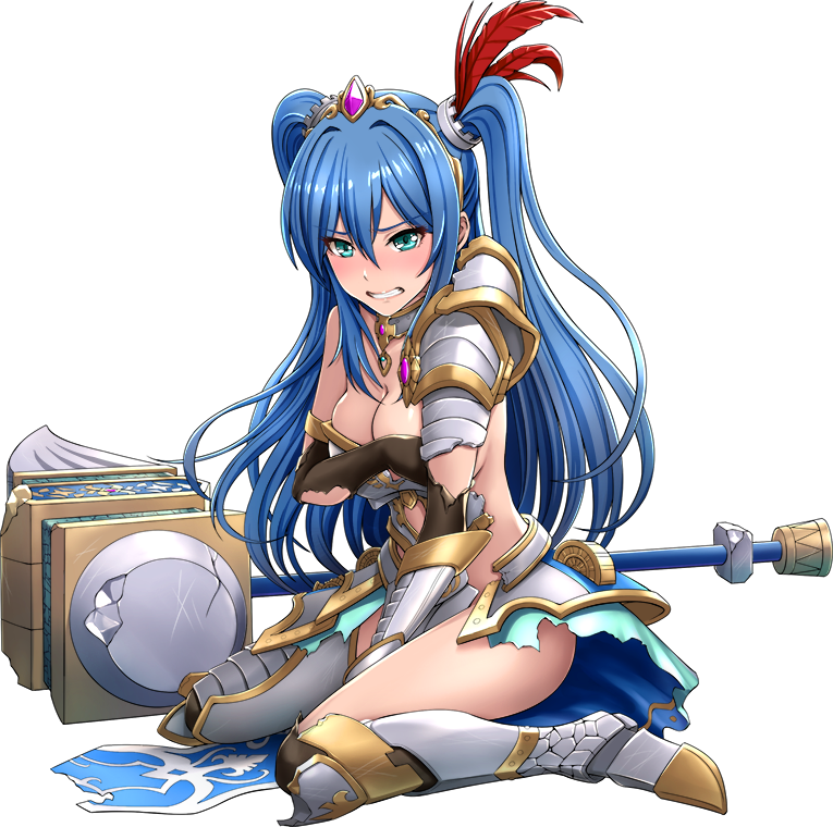aqua_eyes armor blue_hair blush breasts cleavage covering covering_breasts flower full_body hair_ornament long_hair medium_breasts official_art oshiro_project oshiro_project_re seiza shamakho sitting solo torn_clothes transparent_background twintails very_long_hair yodo_(oshiro_project)