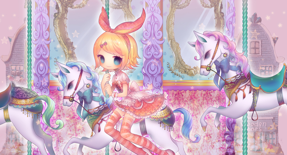1girl back_bow blonde_hair blue_eyes bow carousel dress hair_bow hairband happy holding holding_pole horseback_riding idola kagamine_rin light_blush looking_at_viewer pink_bow pink_dress pink_hairband pink_thighhighs pole polka_dot polka_dot_bow puffy_short_sleeves puffy_sleeves riding short_hair short_sleeves sidelocks smile solo striped_clothes striped_thighhighs swept_bangs thighhighs vocaloid white_bow white_horse white_sleeves