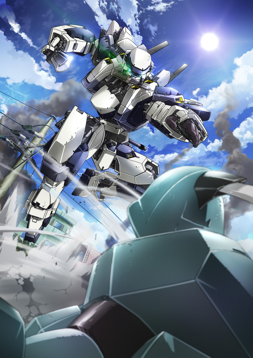 arm_slave_(mecha) blurry building cloud depth_of_field dust full_metal_panic! full_metal_panic!_invisible_victory glowing glowing_eyes highres key_visual knife mecha no_humans official_art pole power_lines sky smoke sun telephone_pole weapon