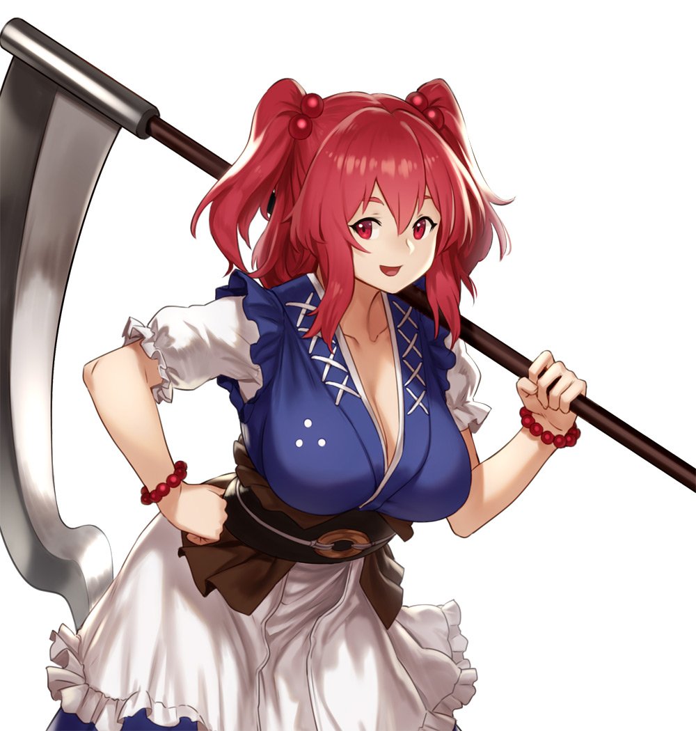 :d apron bangs blush bracelet breasts cleavage cowboy_shot frilled_sleeves frills hair_bobbles hair_ornament hand_on_own_chest holding holding_weapon houtengeki jewelry large_breasts leaning_forward looking_at_viewer medium_hair obi onozuka_komachi open_mouth over_shoulder pearl_bracelet red_eyes red_hair sash scythe short_sleeves sidelocks smile solo standing tareme touhou two_side_up weapon white_apron