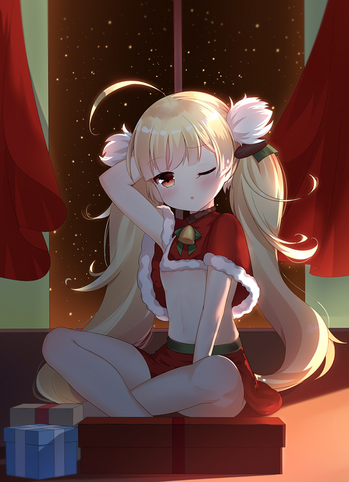 ;o ahoge arm_behind_head arm_support arm_up azur_lane bangs bell blonde_hair blunt_bangs blush bow box capelet christmas commentary_request crossed_legs curtains eldridge_(azur_lane) eyebrows_visible_through_hair fur-trimmed_capelet fur_trim gift gift_box green_bow hair_ornament head_tilt indoors linhe_de_chuangzi long_hair looking_at_viewer night night_sky one_eye_closed parted_lips red_capelet red_eyes red_skirt sitting skirt sky solo star_(sky) starry_sky twintails very_long_hair