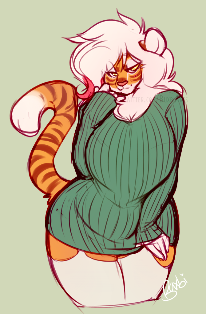 2017 anthro buxbi buxbi_(character) clothed clothing feline female hair legwear looking_at_viewer mammal pink_nose simple_background solo sweater tiger white_hair