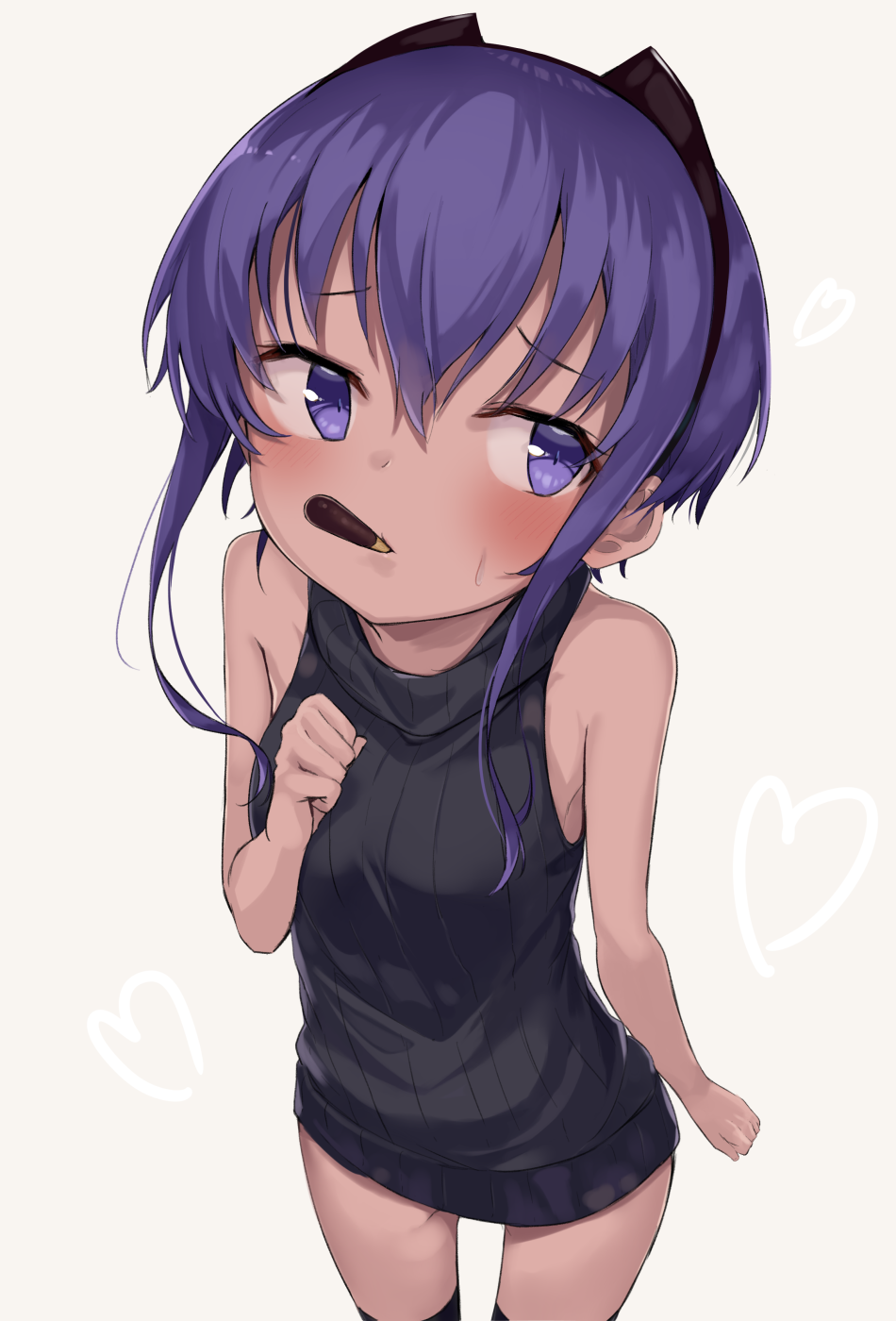 bad_perspective bangs bare_shoulders black_hairband black_legwear blush commentary_request dress fate/prototype fate/prototype:_fragments_of_blue_and_silver fate_(series) food hair_between_eyes hairband hassan_of_serenity_(fate) highres monobe_tsukuri pocky purple_eyes purple_hair short_hair sidelocks sweater sweater_dress sweater_vest