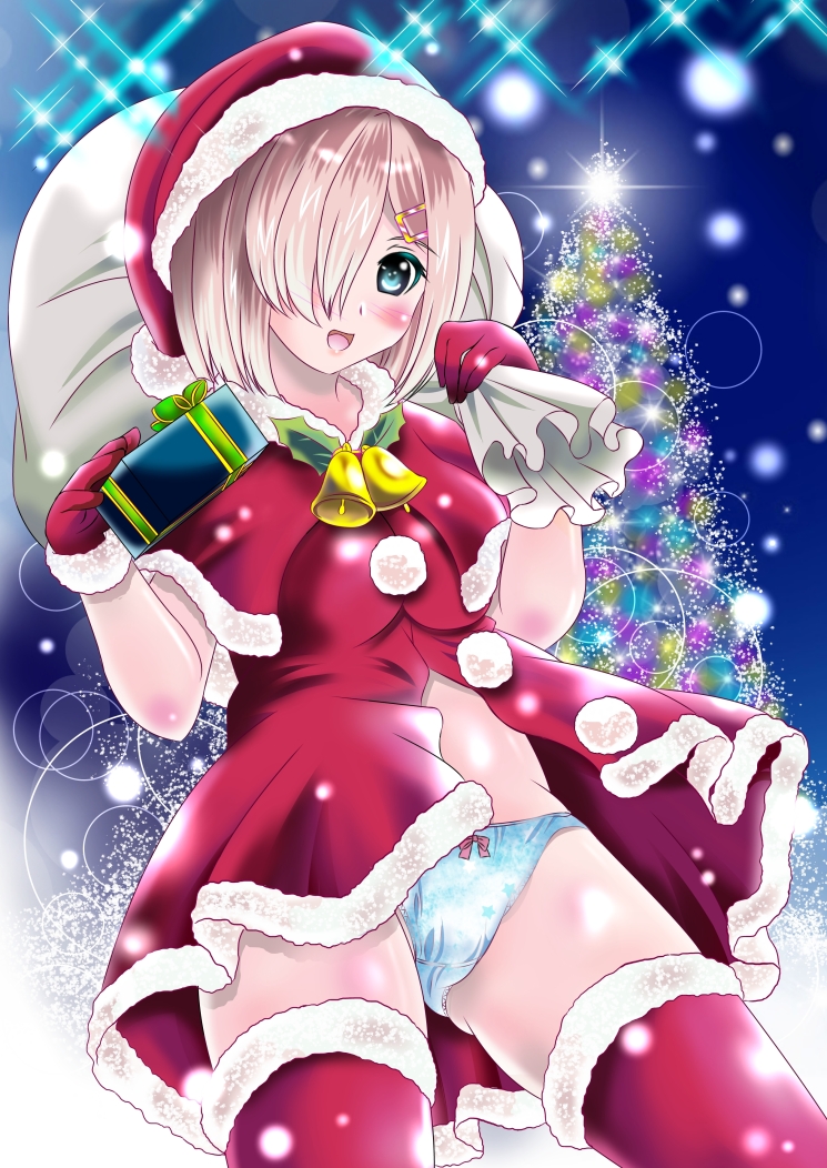 aka_kitsune alternate_costume bell blue_panties capelet christmas_tree gift gloves grey_hair hair_ornament hair_over_one_eye hairclip hamakaze_(kantai_collection) hat jingle_bell kantai_collection looking_at_viewer open_mouth panties pom_pom_(clothes) red_capelet red_gloves red_legwear sack santa_costume santa_hat smile solo thighhighs underwear