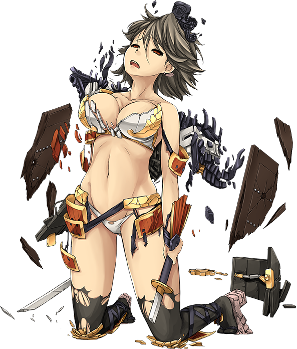 artist_request breasts broken broken_sword broken_weapon brown_hair cleavage dual_wielding full_body holding holding_sword holding_weapon katana kneeling large_breasts looking_up midriff navel official_art oshiro_project oshiro_project_re saga_(oshiro_project) short_hair solo sword torn_clothes transparent_background weapon