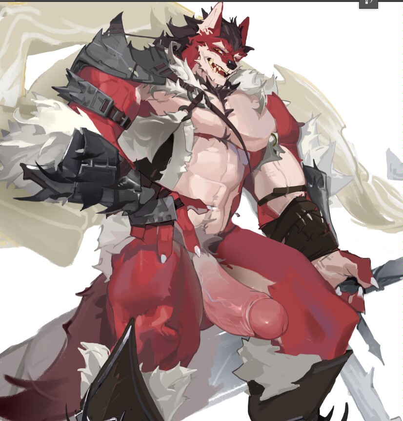 4_fingers abs anthro avacyn7 barazoku biceps big_muscles big_penis black_head_tuft bottomless bottomless_anthro bottomless_male canid canine canis clothed clothing countershade_fur countershading crotch_tuft curved_penis fingers fur genitals grey_crotch_tuft huge_muscles huge_penis humanoid_genitalia humanoid_penis male mammal mature_male muscular muscular_anthro muscular_male pecs penis red_body red_eyes red_fur solo tuft vein veiny_penis white_body white_countershading white_fur wolf