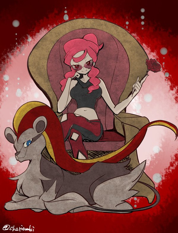 1girl artist_name bare_arms bare_shoulders black_pants black_tank_top breasts chorimokki crop_top crossed_legs hair_bun lion malva_(pokemon) midriff on_chair orange-tinted_eyewear pants pink_hair pokemon pokemon_(creature) pokemon_xy pyroar pyroar_(female) red-tinted_eyewear red_eyes red_pants short_hair_with_long_locks sidelocks single_hair_bun sleeveless sunglasses tank_top tinted_eyewear twitter_username two-tone_pants