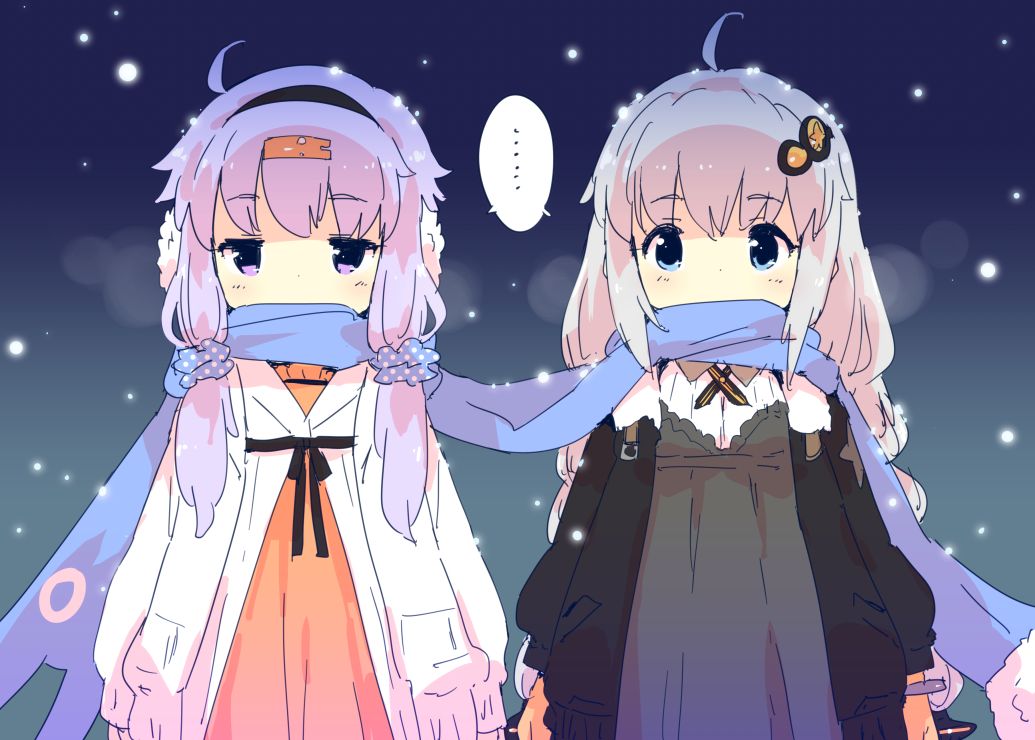 2girls ahoge alternate_costume arms_at_sides bangs blue_eyes blue_scarf blue_scrunchie braid bunny_hair_ornament cardigan commentary_request covered_mouth dress earmuffs eyebrows_visible_through_hair hair_ornament hair_scrunchie jacket jitome kizuna_akari long_hair long_sleeves looking_at_viewer multiple_girls petenshi_(dr._vermilion) polka_dot polka_dot_scrunchie purple_eyes purple_hair scarf scarf_over_mouth scrunchie shared_scarf shared_speech_bubble side-by-side snow snow_on_head snowing speech_bubble spoken_ellipsis twin_braids twintails upper_body vocaloid voiceroid yuzuki_yukari