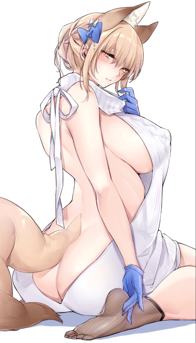 animal_ear_fluff animal_ears ass backless_outfit bangs bare_shoulders black_legwear blonde_hair blue_bow blue_gloves blush bow breasts closed_mouth covered_nipples eyebrows_visible_through_hair fox_ears fox_girl fox_tail gloves hair_bow highres large_breasts looking_at_viewer md5_mismatch meme_attire naked_sweater original see-through shizu-chan sideboob sidelocks sitting socks soles solo sweater tail virgin_killer_sweater yellow_eyes yukibuster_z