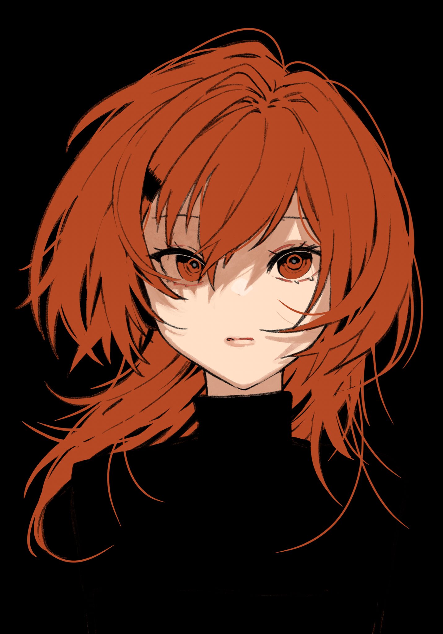 1girl a.i._voice adachi_rei alternate_hair_length alternate_hairstyle black_background black_shirt blending closed_mouth commentary_request hair_down hair_ornament hairclip highres long_hair looking_at_viewer no_jacket onion_jounouchi orange_eyes orange_hair shirt simple_background solo turtleneck_shirt upper_body utau