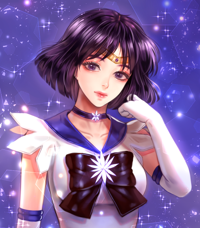 bishoujo_senshi_sailor_moon black_hair blcackup blue_neckwear blue_sailor_collar bow brooch brown_bow choker elbow_gloves expressionless gloves jewelry light_particles looking_at_viewer magical_girl purple purple_background purple_eyes sailor_collar sailor_saturn sailor_senshi_uniform short_hair solo sparkle star star_choker tomoe_hotaru upper_body white_gloves