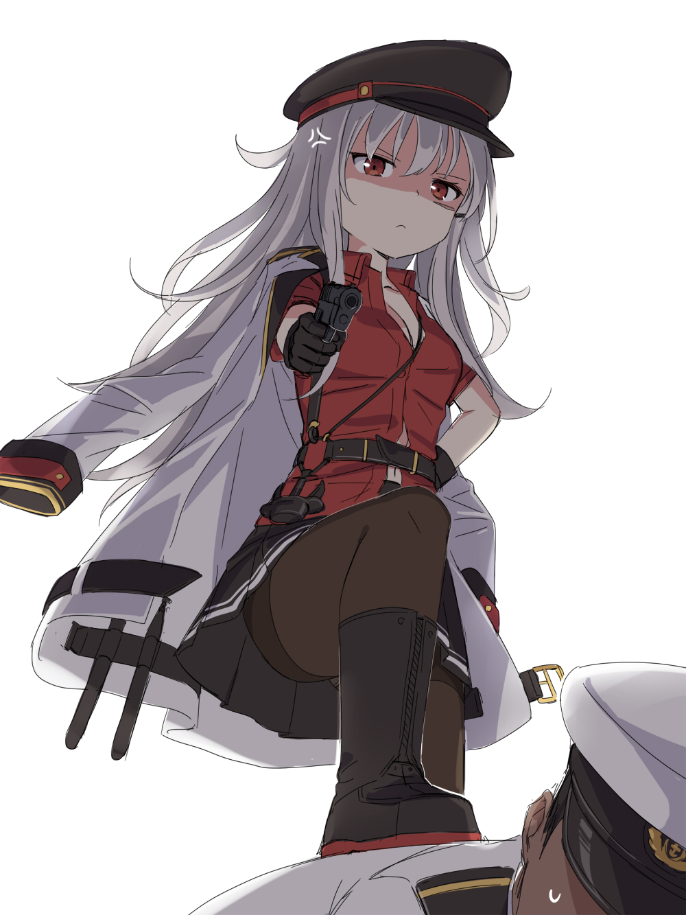 1girl admiral_(kantai_collection) aiming anger_vein angry bad_id bad_pixiv_id bangs belt black_footwear black_gloves black_hat black_legwear black_skirt boots breasts brown_eyes cleavage closed_mouth cnm coat gangut_(kantai_collection) gloves gun hand_on_hip handgun hat highres holding holding_gun holding_weapon jacket_on_shoulders kantai_collection knee_boots long_hair long_sleeves looking_at_viewer looking_down lying medium_breasts navel on_stomach open_clothes open_coat panties panties_under_pantyhose pantyhose peaked_cap pistol pleated_skirt red_shirt shaded_face shirt short_sleeves silver_hair simple_background skirt small_breasts solo_focus stomping torpedo underwear weapon white_background white_coat white_hat