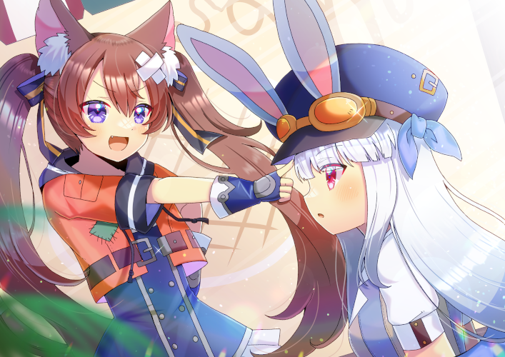 2girls :d animal_ear_fluff animal_ears black_bow blue_dress blue_gloves blue_hat blue_vest bow brown_hair cabbie_hat commentary_request commission crossed_bandaids dress fingerless_gloves frilled_dress frills gloves grey_hair hair_between_eyes hair_bow hat jacket kou_hiyoyo long_hair multiple_girls open_clothes open_jacket orange_jacket parted_lips pointing profile puffy_short_sleeves puffy_sleeves purple_eyes rabbit_ears red_eyes short_sleeves skeb_commission smile striped_bow tevi tevi_(character) twintails v-shaped_eyebrows vena_(tevi) very_long_hair vest