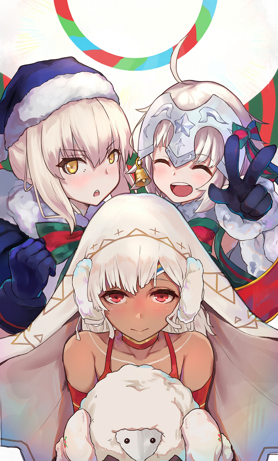 :&gt; :d :o ^_^ ahoge altera_(fate) altera_the_santa artoria_pendragon_(all) bangs bare_shoulders bell black_gloves blue_capelet blue_gloves blue_hat blush bow capelet choker closed_eyes closed_mouth collarbone commentary_request dark_skin detached_sleeves eyebrows_visible_through_hair facing_viewer fate/grand_order fate_(series) fur-trimmed_capelet fur-trimmed_hat fur_trim gloves hair_between_eyes hat headpiece highres jeanne_d'arc_(fate)_(all) jeanne_d'arc_alter_santa_lily long_hair looking_at_viewer multiple_girls open_mouth pantie_painting red_choker red_eyes ribbon saber_alter santa_alter santa_hat sheep silver_hair smile striped striped_bow striped_ribbon upper_teeth v veil white_capelet white_hair yellow_eyes