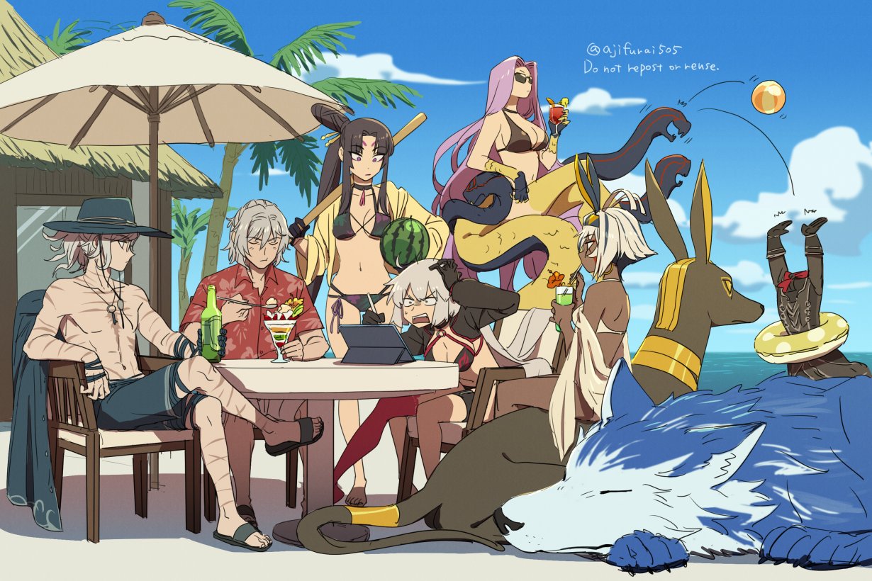 2boys 5girls :t animal animal_ears antenna_hair arm_up arms_up asaya_minoru ball beach_umbrella beachball bikini black_bikini black_gloves black_hair black_jacket bottle chair character_request closed_eyes closed_mouth collared_shirt dress_shirt eating edmond_dantes_(fate) facial_mark fate/grand_order fate_(series) forehead_mark gloves grey_hair hair_between_eyes hand_on_own_head hawaiian_shirt headless hessian_(fate) holding holding_bottle holding_spoon horizon jackal_ears jacket jeanne_d'arc_alter_(fate) jeanne_d'arc_alter_(swimsuit_berserker)_(fate) lobo_(fate) long_hair medusa_(fate) multiple_boys multiple_girls navel nitocris_(fate) nitocris_alter_(fate) ocean on_chair open_clothes open_jacket outdoors palm_tree parfait parted_bangs red_shirt shirt shrug_(clothing) sitting spoon swimsuit table tablet_pc taira_no_kagekiyo_(fate) taira_no_kagekiyo_(pinky_beach)_(fate) topless_male tree umbrella ushiwakamaru_(fate) very_long_hair water white_bikini white_hair wolf yellow_jacket