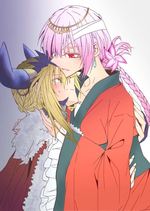 artoria_pendragon_(all) artoria_pendragon_(lancer_alter) bandage_over_one_eye blonde_hair blush braid cow_horns divine_princess_of_the_storm earrings fate/grand_order fate_(series) florence_nightingale_(fate/grand_order) frills horn_ring horns hug jewelry looking_at_another monokuro_(sekahate) multiple_girls ox-demon_king ox_horns pink_hair red_eyes sash shadow upper_body wide_sleeves yellow_eyes yuri