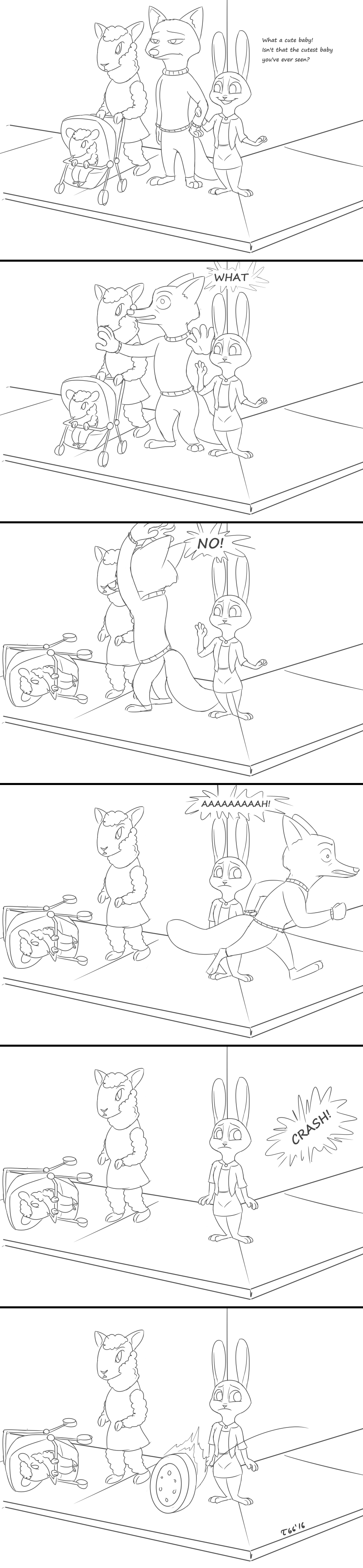 2016 anthro baby barefoot black_and_white canine caprine clothed clothing comic dialogue disney english_text female fire fox group humor jewelry judy_hopps lagomorph male mammal monochrome necklace nick_wilde outside rabbit sheep sidewalk signature simple_background standing stroller text tggeko tire white_background young zootopia