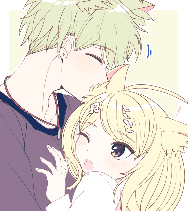 ! 1boy 1girl ahoge akamatsu_kaede amami_rantarou animal_ears blonde_hair blue_shirt danganronpa duo eyebrows eyes_closed green_hair hair_ornament hairclip jewelry musical_note musical_note_hair_ornament necklace new_danganronpa_v3 one_eye_closed piercing purple_eyes shirt wink