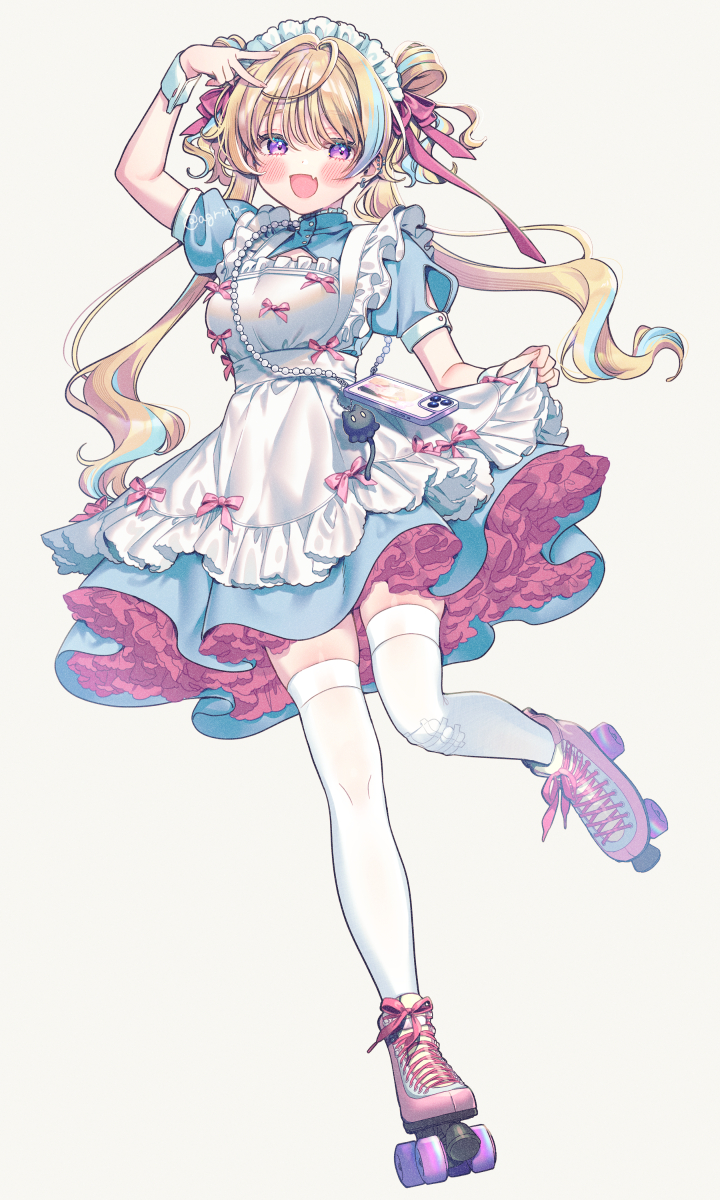 1girl :d apron blonde_hair blue_dress blue_hair blush bow cellphone charm_(object) commentary_request cross-laced_footwear dress ear_piercing earrings fang frilled_apron frilled_dress frilled_hairband frills full_body gauze gauze_on_knee grey_background hair_ribbon hairband highres jewelry layered_dress leg_up light_blue_hair long_hair looking_at_viewer maid maid_apron maid_headdress multicolored_hair open_mouth original phone piercing pink_bow pink_dress pink_ribbon puffy_short_sleeves puffy_sleeves purple_eyes ribbon rinndouk roller_skates short_sleeves simple_background skates skin_fang skirt_hold smile solo streaked_hair thighhighs twintails twitter_username two-tone_hair v v_over_head very_long_hair white_apron white_hairband white_thighhighs white_wrist_cuffs wrist_cuffs zettai_ryouiki