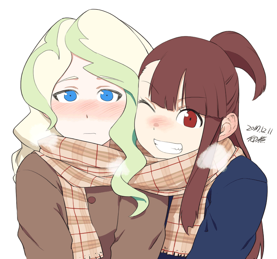 ;d blonde_hair blue_eyes blush breath brown_hair cheek-to-cheek coat dated diana_cavendish ear_blush facing_viewer kagari_atsuko little_witch_academia multiple_girls one_eye_closed one_side_up open_mouth plaid plaid_scarf red_eyes scarf shared_scarf signature smile tsukudani_(coke-buta) winter_clothes winter_coat