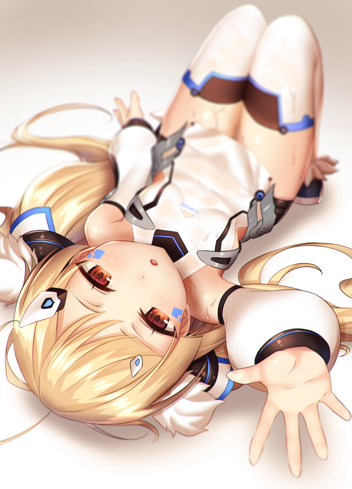 :o arm_at_side arm_up azur_lane bangs bare_shoulders blonde_hair blurry blush breasts depth_of_field detached_sleeves dress eldridge_(azur_lane) facial_mark full_body gradient gradient_background grey_background hair_ornament hairclip half-closed_eyes haruno_suzune knees_up long_hair long_sleeves looking_at_viewer lying on_back outstretched_arm parted_lips reaching_out red_eyes shiny shiny_hair short_dress small_breasts solo sweat tareme thigh_gap thighhighs twintails white_legwear zettai_ryouiki