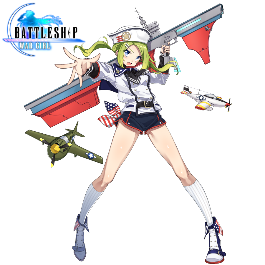 aircraft airplane american_flag american_flag_print battleship:_war_girl belt blue_eyes commentary_request copyright_name flag_print full_body green_hair hat holding holding_weapon kneehighs looking_at_viewer military_jacket official_art open_mouth outstretched_arm ribbed_legwear short_shorts shorts solo spread_legs standing thighhighs twintails weapon westxost_(68monkey) yorktown_(battleship:_war_girl)