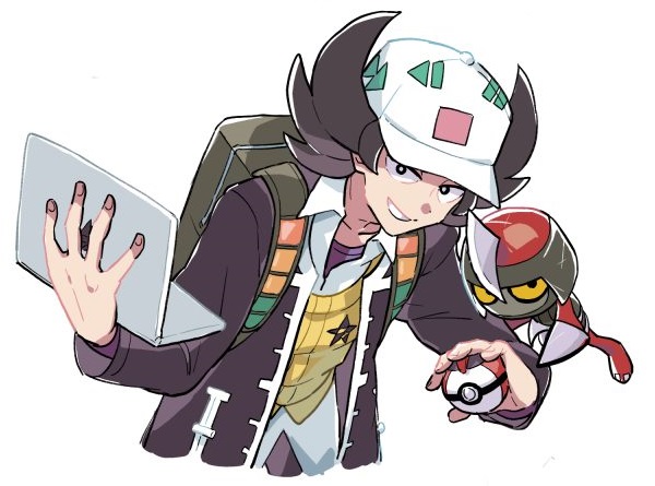 1boy black_eyes bright_pupils collared_shirt commentary_request computer giacomo_(pokemon) grin holding holding_poke_ball jacket laptop long_sleeves male_focus nyoripoke open_clothes open_jacket pawniard pointy_hair poke_ball pokemon pokemon_(creature) pokemon_sv shirt smile teeth timer_ball vest white_background white_hat white_pupils white_shirt yellow_vest