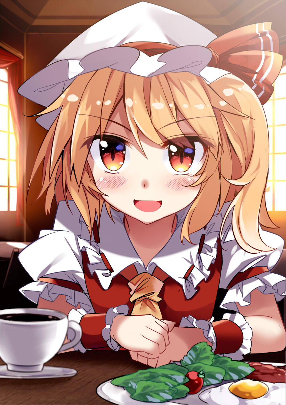ascot blonde_hair blush cherry_tomato commentary_request cup curtains e.o. egg flandre_scarlet frills hat hat_ribbon highres looking_at_viewer mob_cap open_mouth plate puffy_short_sleeves puffy_sleeves red_curtains red_eyes red_ribbon ribbon short_sleeves side_ponytail smile solo sunny_side_up_egg table teacup tomato touhou window wrist_cuffs yellow_neckwear