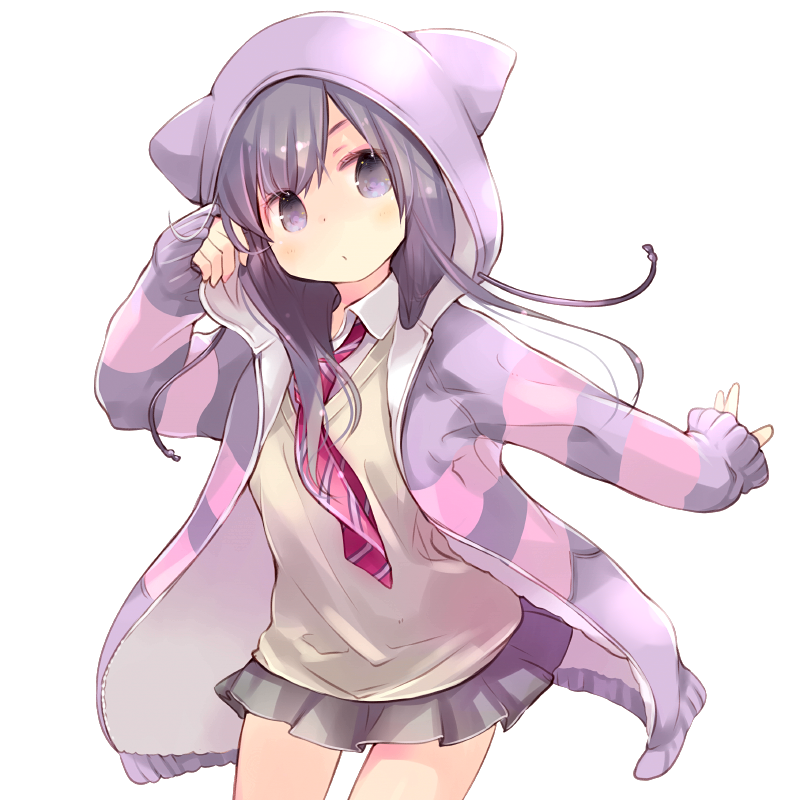 collared_shirt commentary_request copyright_request cowboy_shot grey_skirt hand_up hood hood_up hoodie kuga_tsukasa long_hair long_sleeves looking_at_viewer necktie open_clothes open_hoodie pleated_skirt purple_eyes purple_hair red_neckwear school_uniform shirt simple_background skirt sleeves_past_wrists solo vest white_background white_shirt wing_collar yellow_vest