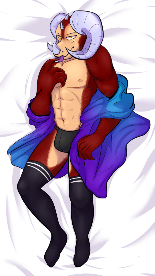 bed clothing dragon horn jacket legwear looking_at_viewer male muscular on_bed opals pazanate solo stockings tongue tongue_out