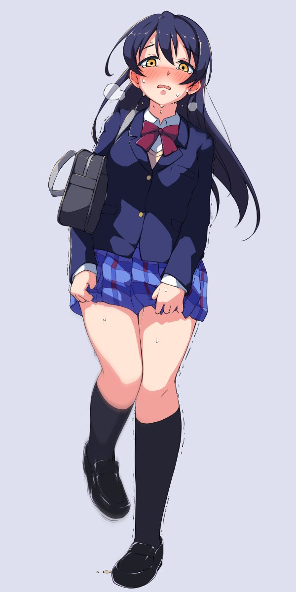 1girl azukilib bag black_footwear black_hair black_socks blue_background blue_jacket blue_skirt blush bow bowtie breast_pocket breasts breath buttons collared_shirt commentary commission embarrassed half-closed_eyes have_to_pee highres jacket kneehighs knees_together_feet_apart leg_up legs long_hair long_sleeves looking_at_viewer love_live! love_live!_school_idol_project medium_breasts miniskirt motion_blur nose_blush open_mouth pee peeing peeing_self plaid plaid_skirt pleated_skirt pocket red_bow red_bowtie school_uniform shirt shoes shoulder_bag sidelocks simple_background skeb_commission skirt skirt_tug socks solo sonoda_umi standing standing_on_one_leg straight-on sweat tears thighs trembling vest white_shirt yellow_eyes yellow_vest