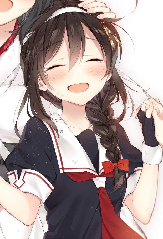 :d bangs black_hair blush bow braid closed_eyes collarbone facing_viewer fingerless_gloves gloves hair_bow hair_over_shoulder hair_ribbon hands_up interlocked_fingers japanese_clothes kantai_collection kimono multiple_girls naoto_(tulip) obi open_mouth out_of_frame red_bow red_ribbon remodel_(kantai_collection) ribbon sash school_uniform serafuku shigure_(kantai_collection) short_sleeves sidelocks simple_background single_braid smile solo_focus tears tress_ribbon upper_body white_background white_kimono yamashiro_(kantai_collection)