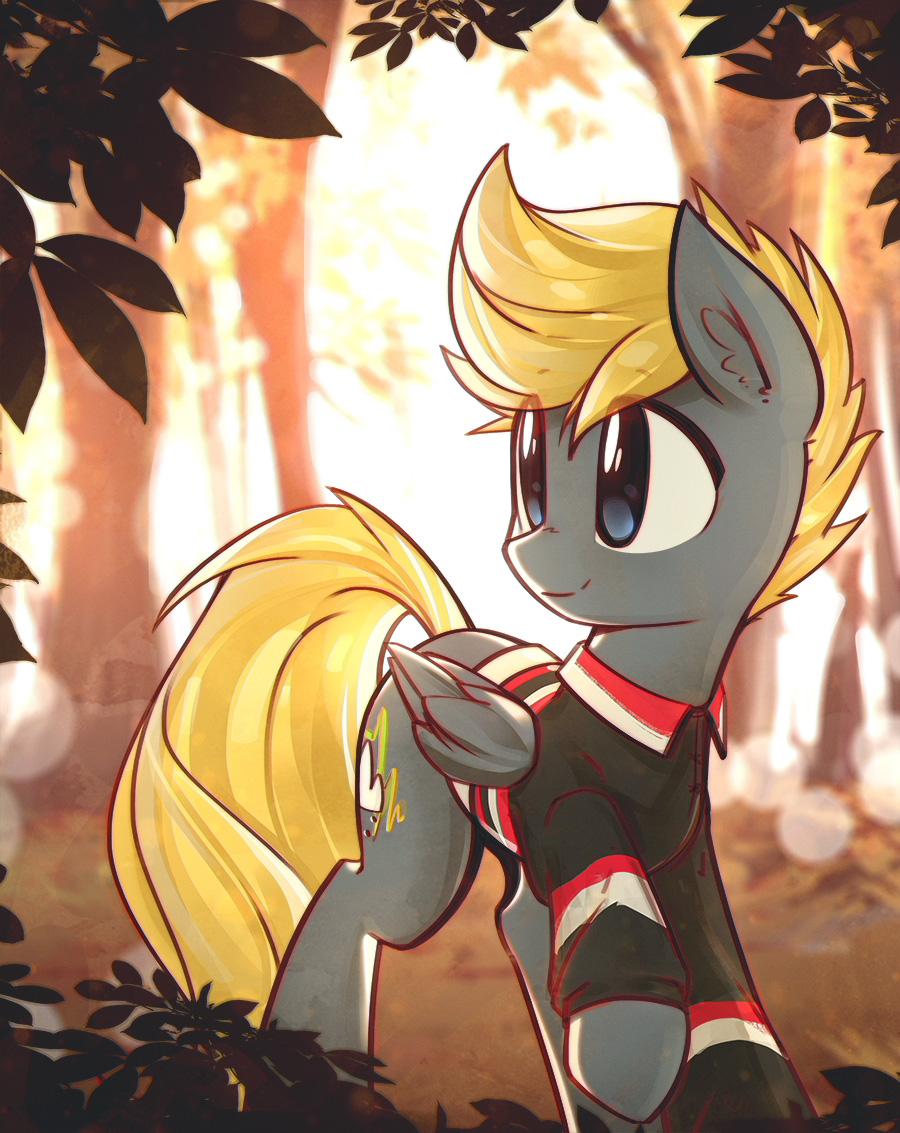 2017 blonde_hair blue_eyes blurred_background clothing cutie_mark equine fan_character feathered_wings feathers friendship_is_magic hair leaves male mammal mirroredsea my_little_pony outside pegasus shirt smile solo tree wings