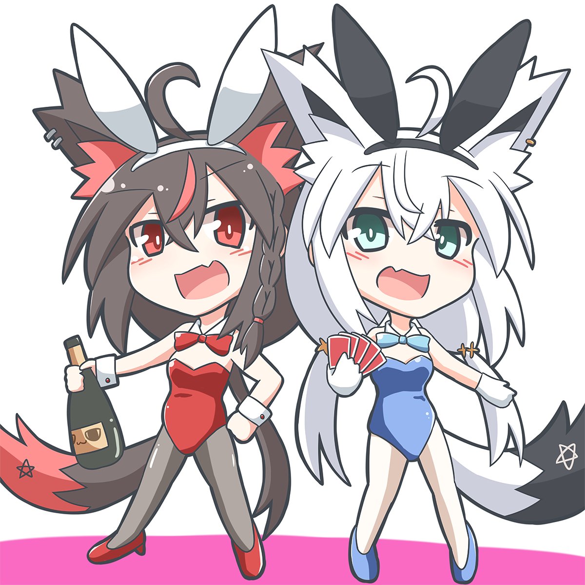 2girls ahoge animal_ear_fluff animal_ears black_hair black_pantyhose blue_footwear blue_leotard blush bottle braid card chibi commentary_request detached_collar earrings fake_animal_ears fang fox_ears fox_girl fox_tail gloves green_eyes hair_between_eyes high_heels highres holding holding_bottle holding_card hololive jewelry kasaneko kurokami_fubuki leotard long_hair looking_at_viewer low_ponytail low_twintails multicolored_hair multiple_girls open_mouth pantyhose pentagram playboy_bunny playing_card rabbit_ears red_eyes red_footwear red_hair red_leotard shirakami_fubuki sidelocks single_braid skin_fang streaked_hair tail twintails virtual_youtuber white_gloves white_hair wrist_cuffs