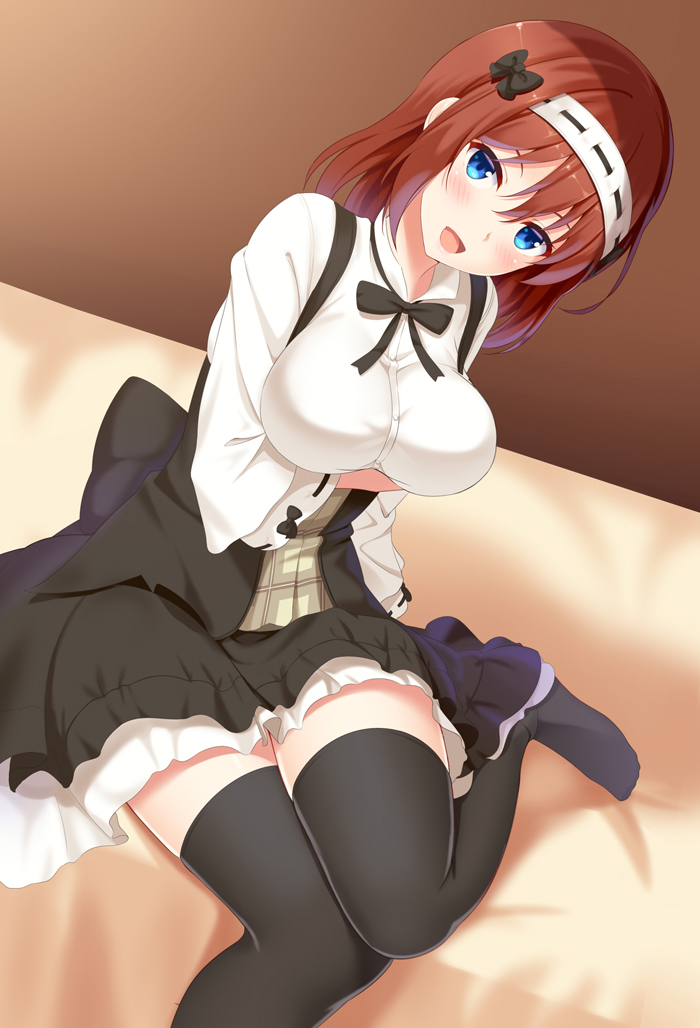 :d bangs bed bed_sheet black_bow black_legwear black_neckwear black_ribbon black_skirt blue_eyes blush bow breast_hold breasts brown_background brown_hair frilled_skirt frills gradient gradient_background hair_bow hairband high-waist_skirt huyumitsu knees_together_feet_apart large_breasts long_hair long_sleeves neck_ribbon no_shoes on_bed open_mouth original ribbon ribbon-trimmed_hairband ribbon-trimmed_sleeves ribbon_trim short_hair skirt smile tareme thighhighs white_hairband zettai_ryouiki