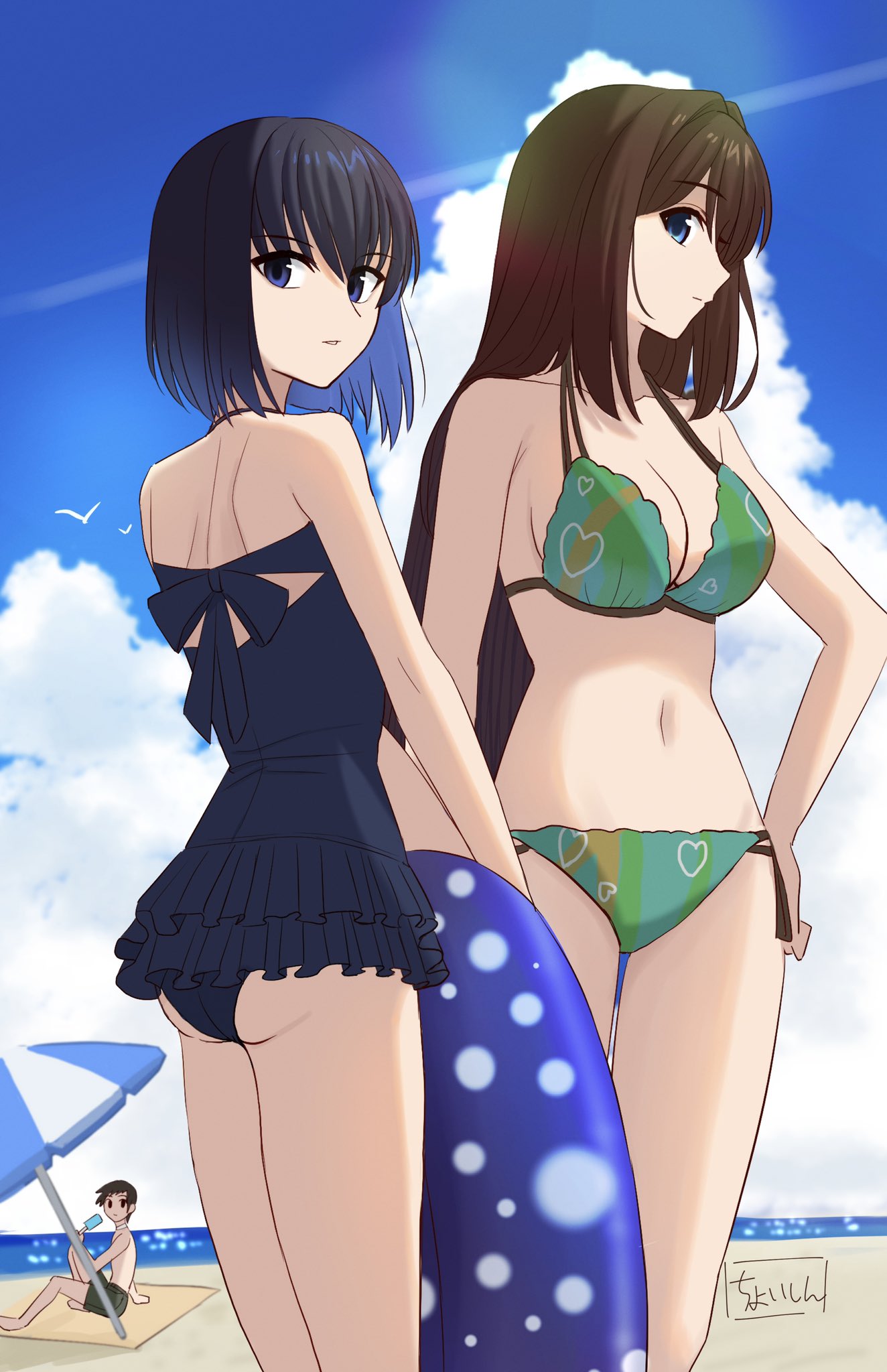 1boy 2girls alternate_costume animal aozaki_aoko ass bandaged_neck bandages beach bikini bird black_hair black_one-piece_swimsuit blue_eyes blue_sky breasts brown_hair cleavage cloud commentary_request day food green_bikini green_swim_trunks hand_on_own_hip highres holding holding_food holding_popsicle holding_swim_ring innertube kuonji_alice long_hair looking_at_viewer mahou_tsukai_no_yoru male_swimwear mixed-language_commentary multiple_girls navel one-piece_swimsuit outdoors parasol popsicle purple_eyes shintyoi2 shizuki_soujuurou sitting sky stomach sunlight swim_ring swim_trunks swimsuit umbrella water