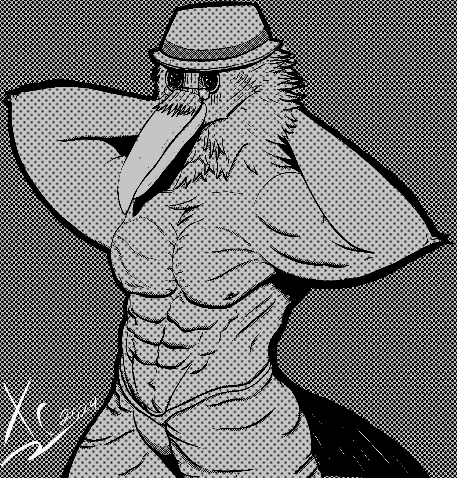 avian beak bird black_and_white clothing corvid corvus_(genus) cross-hatching crow eyewear fan_character feathers fluffy glasses hat hatching_(art) headgear headwear hi_res line_art male manga manly monochrome muscular nipples oscine passerine seductive shaded signature tail xcoreus