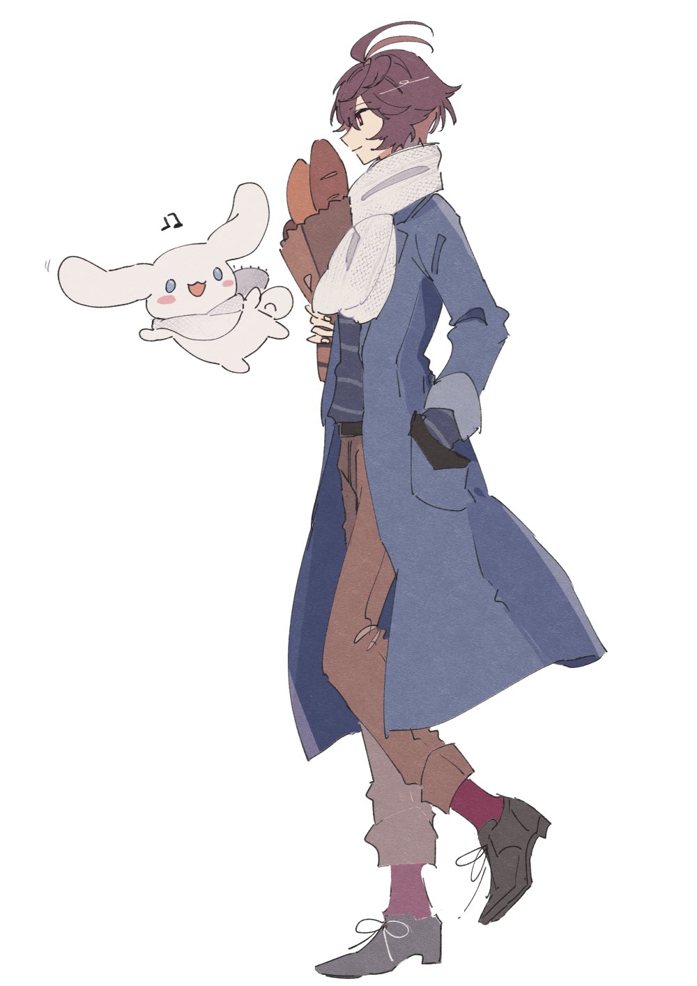 1boy 1other ahoge baguette blue_jacket bread brown_hair brown_pants carrying_bag cinnamoroll coat dress_shoes food from_side full_body granblue_fantasy hair_between_eyes hand_in_pocket highres jacket layered_sleeves male_focus messy_hair musical_note official_alternate_costume onigiri_bouya pants profile rabbit red_eyes red_socks sandalphon_(granblue_fantasy) sanrio scarf smile socks striped_clothes trench_coat white_background white_scarf