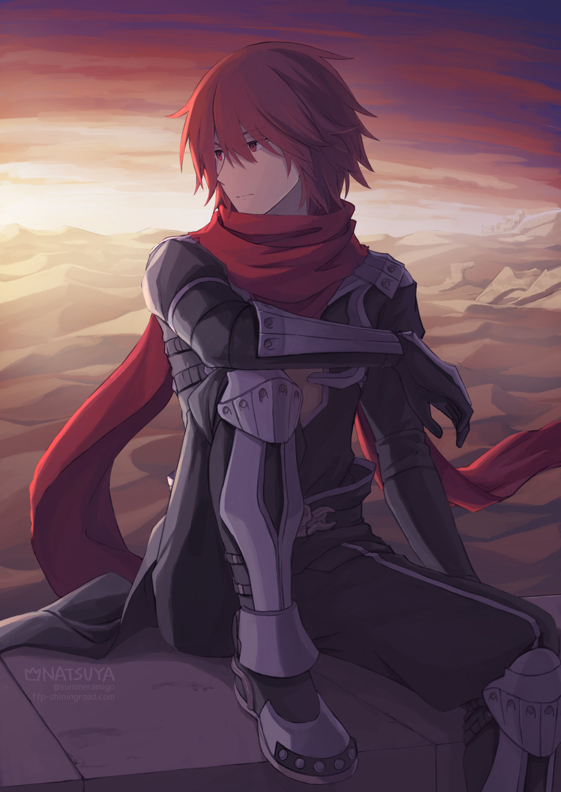 1boy armor armored_boots artist_name assassin_cross_(ragnarok_online) black_cape black_pants black_shirt boots cape closed_mouth commentary_request desert expressionless foot_out_of_frame hair_between_eyes highres knee_up long_bangs looking_afar male_focus natsuya_(kuttuki) orange_sky outdoors pants pauldrons ragnarok_online red_eyes red_hair red_scarf sand_dune scarf shirt short_hair shoulder_armor sitting sky solo sunset vambraces waist_cape web_address
