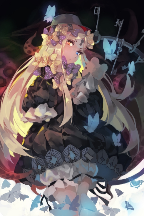 abigail_williams_(fate/grand_order) bangs black_bow black_dress black_hat blonde_hair bloomers blue_eyes bokujuu bow bug butterfly commentary dress fate/grand_order fate_(series) hair_bow hat heterochromia insect key long_hair long_sleeves looking_at_viewer object_hug orange_bow orange_eyes parted_bangs polka_dot polka_dot_bow sleeves_past_wrists solo stuffed_animal stuffed_toy teddy_bear tentacles underwear very_long_hair white_bloomers