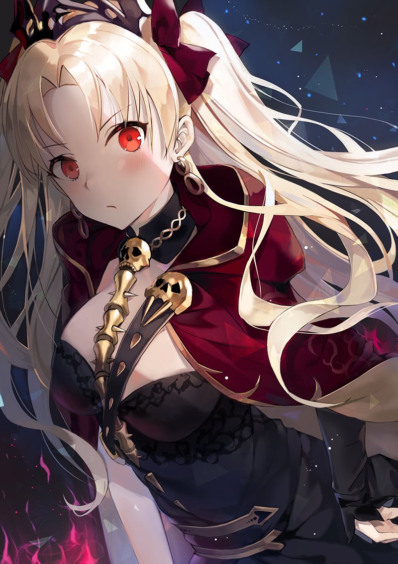 asymmetrical_sleeves bangs between_breasts blonde_hair blush breasts buckle cape cleavage closed_mouth commentary_request detached_collar earrings ereshkigal_(fate/grand_order) eyebrows_visible_through_hair fate/grand_order fate_(series) fire hair_ribbon hand_on_hip infinity jewelry long_hair looking_at_viewer medium_breasts multicolored multicolored_cape multicolored_clothes necklace parted_bangs red_cape red_eyes red_ribbon ribbon single_sleeve skull solo spine tiara two_side_up yellow_cape yumaomi