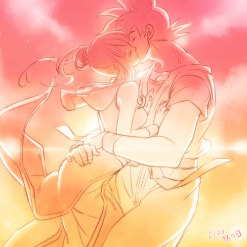 1girl bakusou_k chi-chi_(dragon_ball) closed_eyes couple dated dougi dragon_ball dragon_ball_z hands_on_another's_chest hetero hug kiss lowres short_hair smile son_gokuu tied_hair translation_request wristband